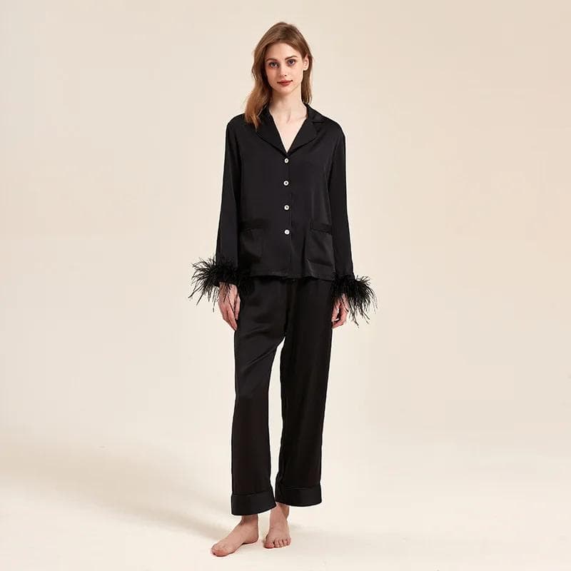 Feather Satin Pajamas Pants Set Black Bridal Wedding Pajamas Two-piece Set Spring Autumn Loose Home Clothes Home Clothes XL black