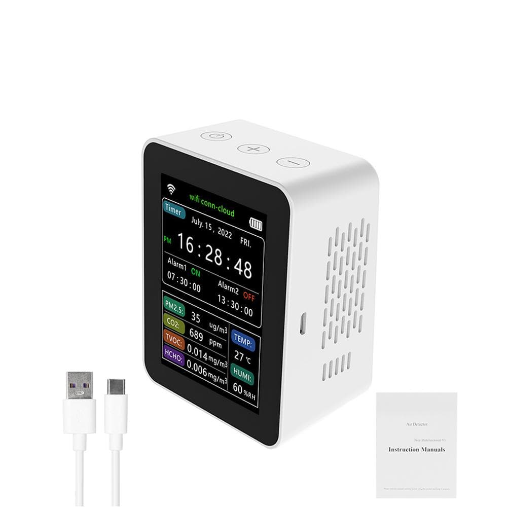 Tuya WiFi Intelligent Air Quality Detector PM2.5 CO2 TVOC HCHO Temperature Humidity 6 In 1 Detector white