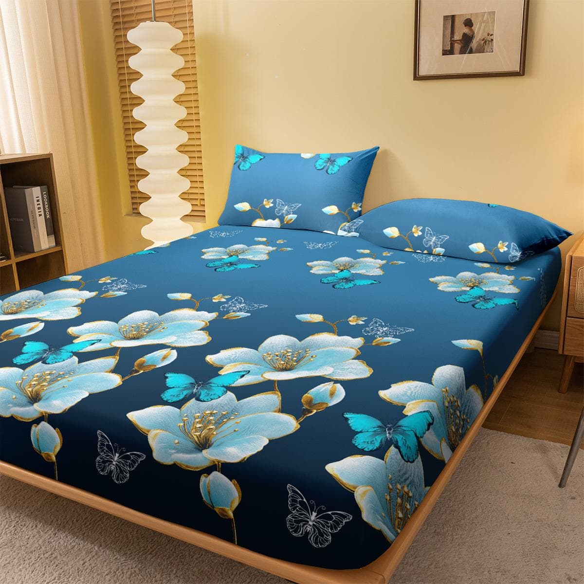 1 Simple Modern Plant Flower Butterfly Printed Matte Fitted Sheet, Bedroom Printed Bed Cover, Bedding (Excluding Pillowcases) 71x132cm