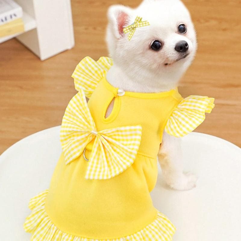 1pc Yellow Princess Style Bow-Tie Plaid Cute Pet Dress,Wearable and Leashable for Cat/Dog Going Out XL yellow