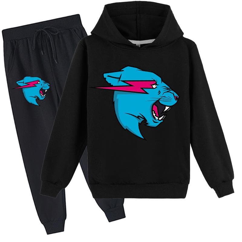 Fashion Mr Beast Lighting Cat Childrens Boys Sweater Cotton Hoodies and Pants Sets 150 black