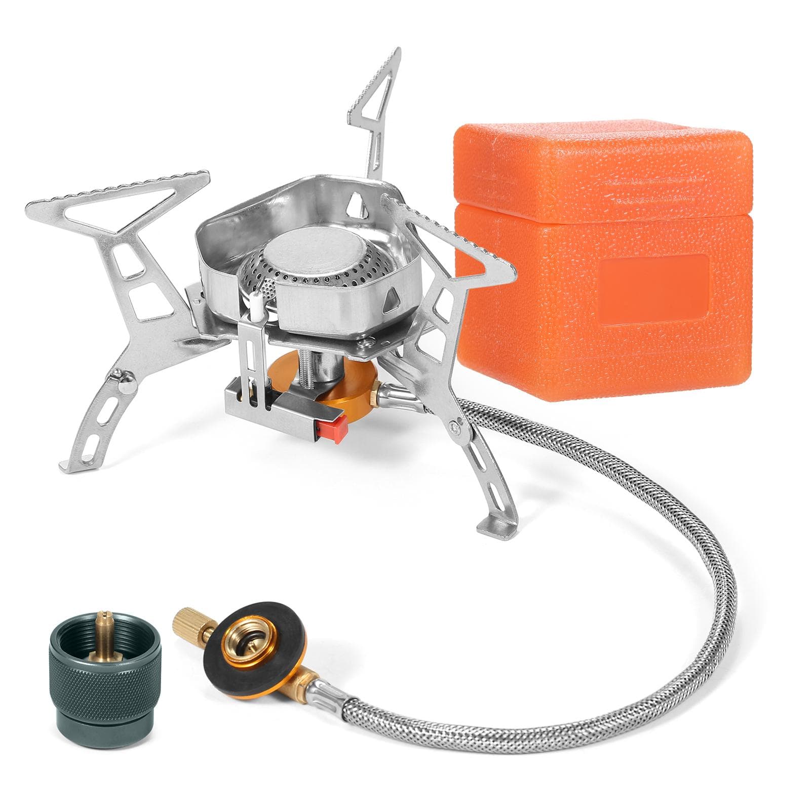3500W Windproof Camping Gas Burner with Adapter Portable Backpacking Stove with Piezo Ignition for silver