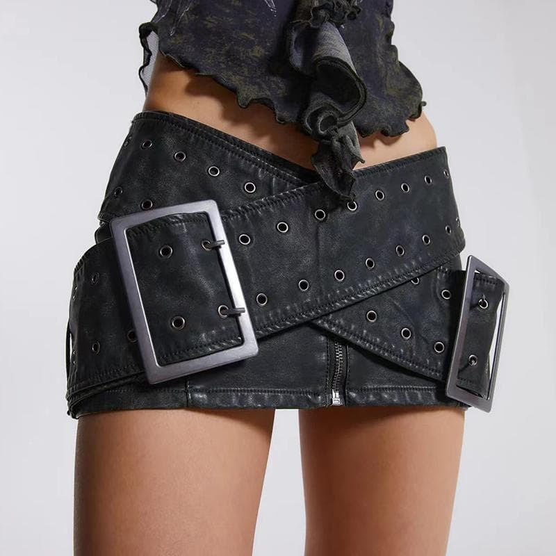Y2K Vintage Women Korean Short Sexy Leather Mini Skirts Aesthetic Fairy Grunge Low Waist Pu Leather A-line Skirt Alt Clothes L black