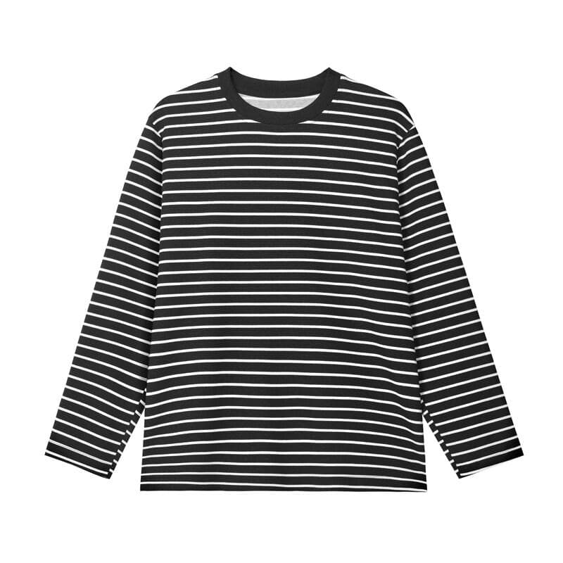Spring Autumn Men's O-Neck Striped T-Shirt Fashion Loose Streetwear Pull On Tshirt Men Long Sleeve Casual Tees Tops Plus Size L black
