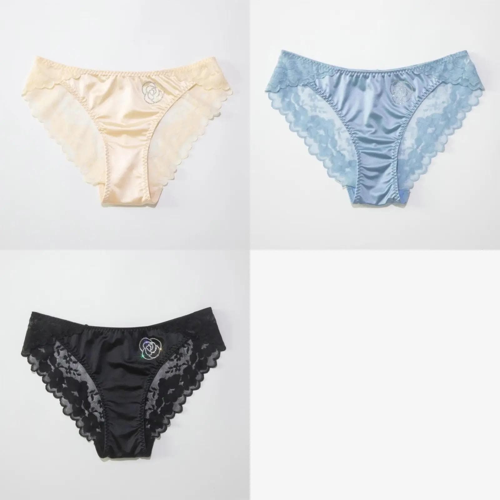 French Camellia Blossom Mid Waist Panties Women Underwear Lace Sexy Breathable Comfortable Large Size High Elastic Satin Briefs L 48-60KG&3pcs