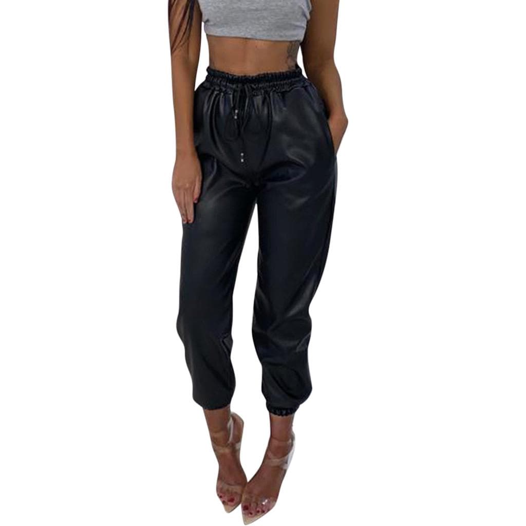 Womens Ladies Faux Leather High Waist Joggers Jogging Bottoms Pants Trousers XL black