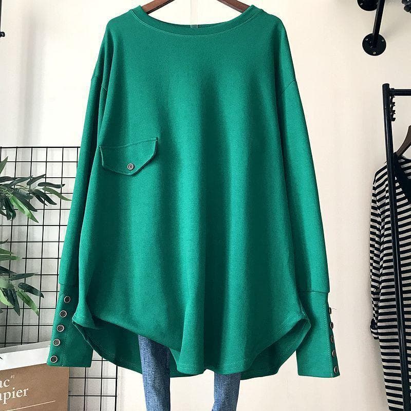 Irregular Mid-length Tops for Women Large Size Loose Long Sleeve T-shirt 3XL green