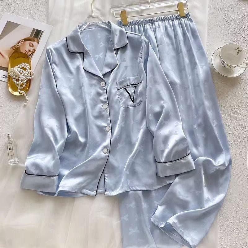 High-End Green Floral Lapel Pajamas Set for Women M (80-100 jin)