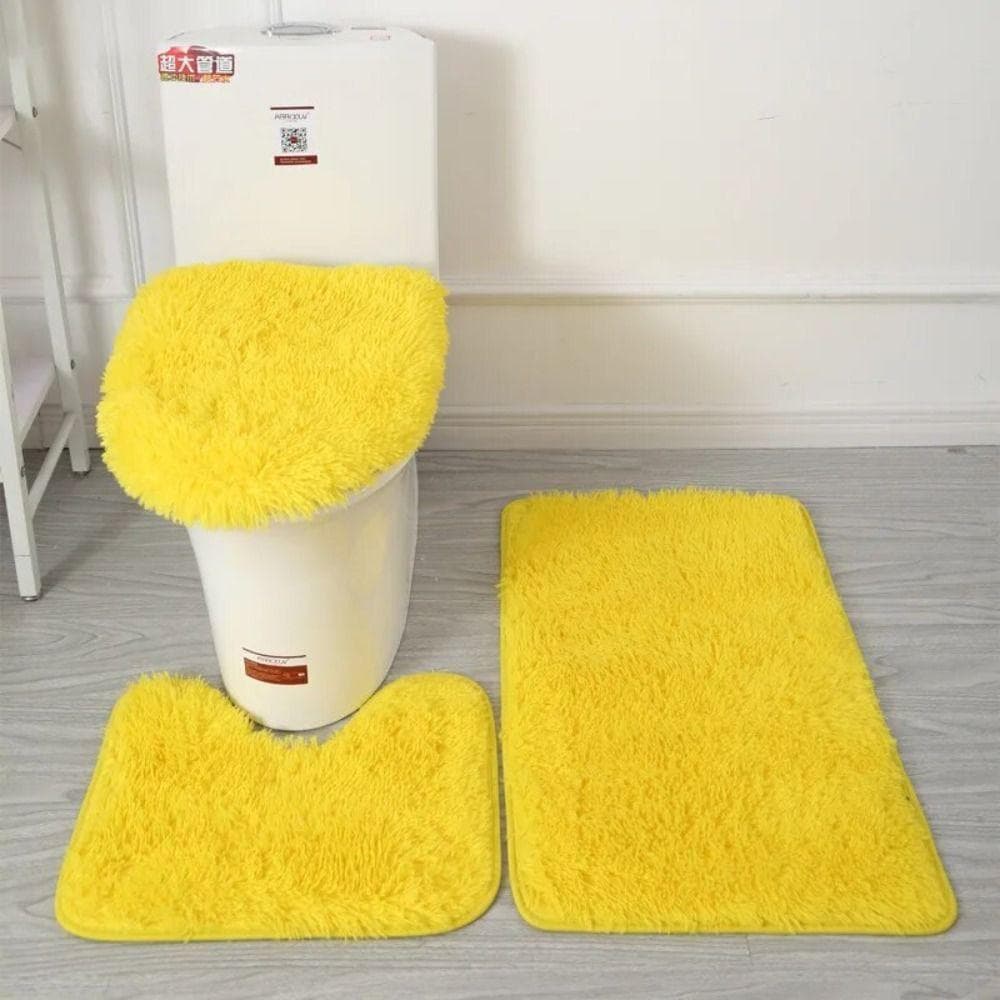 3pcs/set Fluffy Hairs Toilet Lid Cover Rugs Solid Color Shower Carpets Sets  Shower Room yellow