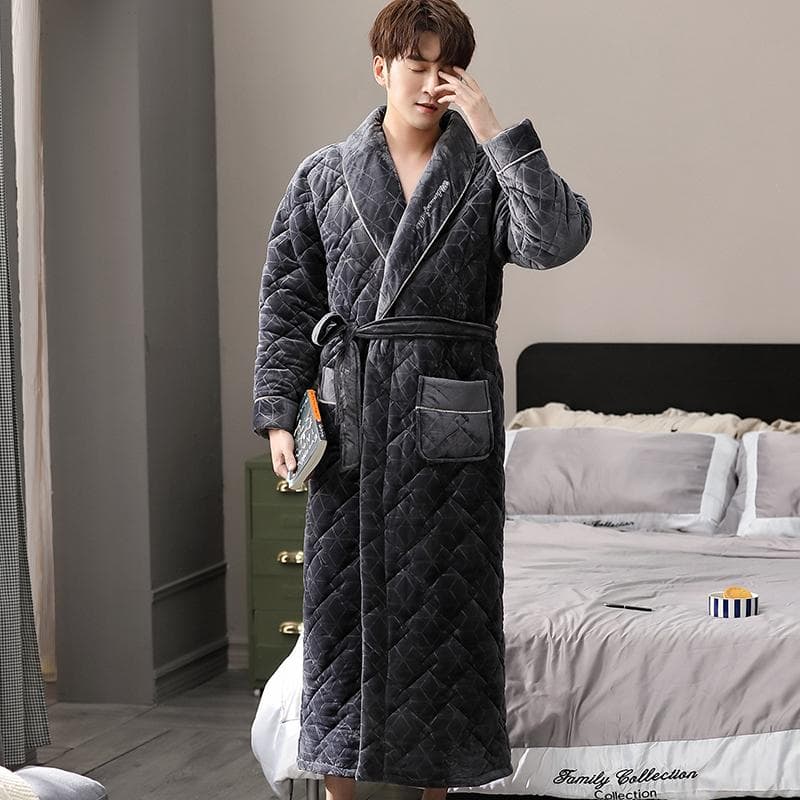 Thick 3 Layers Warm Winter Bathrobe Men Soft Flannel Quilted Long Kimono Bath Robe Male Dressing Gown for Mens Coral Fleece Robe XL