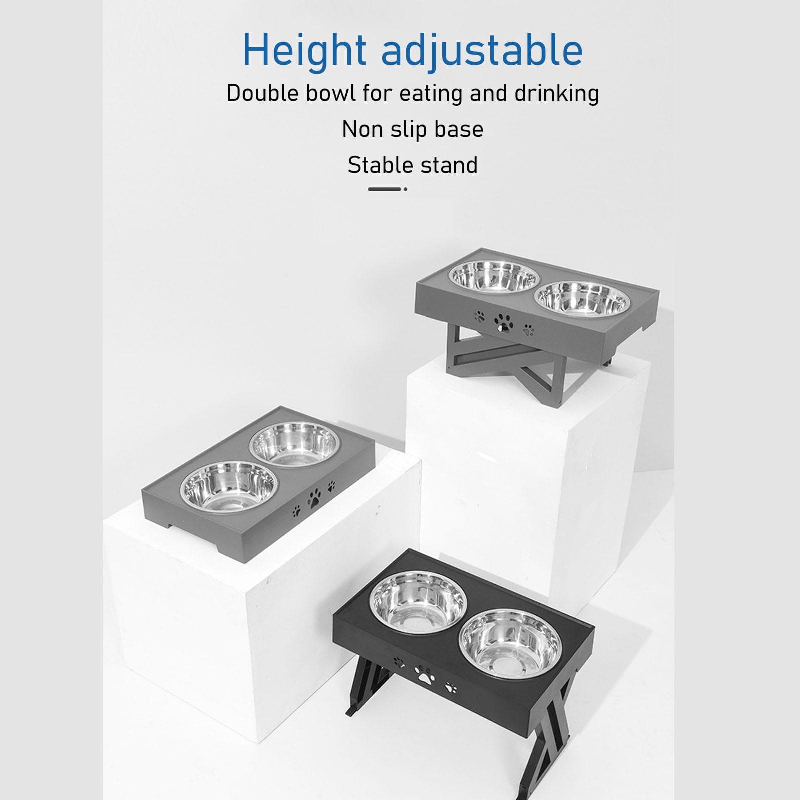 Elevated Dog Bowls Prevent Slip 3 Heights Adjustable Raised Dog Bowl with 2 Stainless Steel Dog gray
