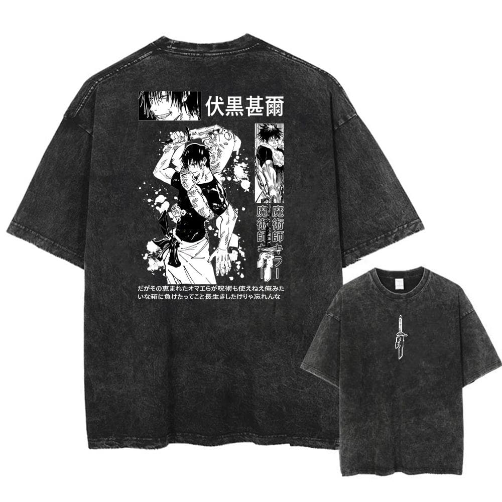 Men Streetwear Washed Acid Oversized T Shirt Japanese Anime Retro Worn Graphic Print T-Shirt Short Sleeve Tees 2XL