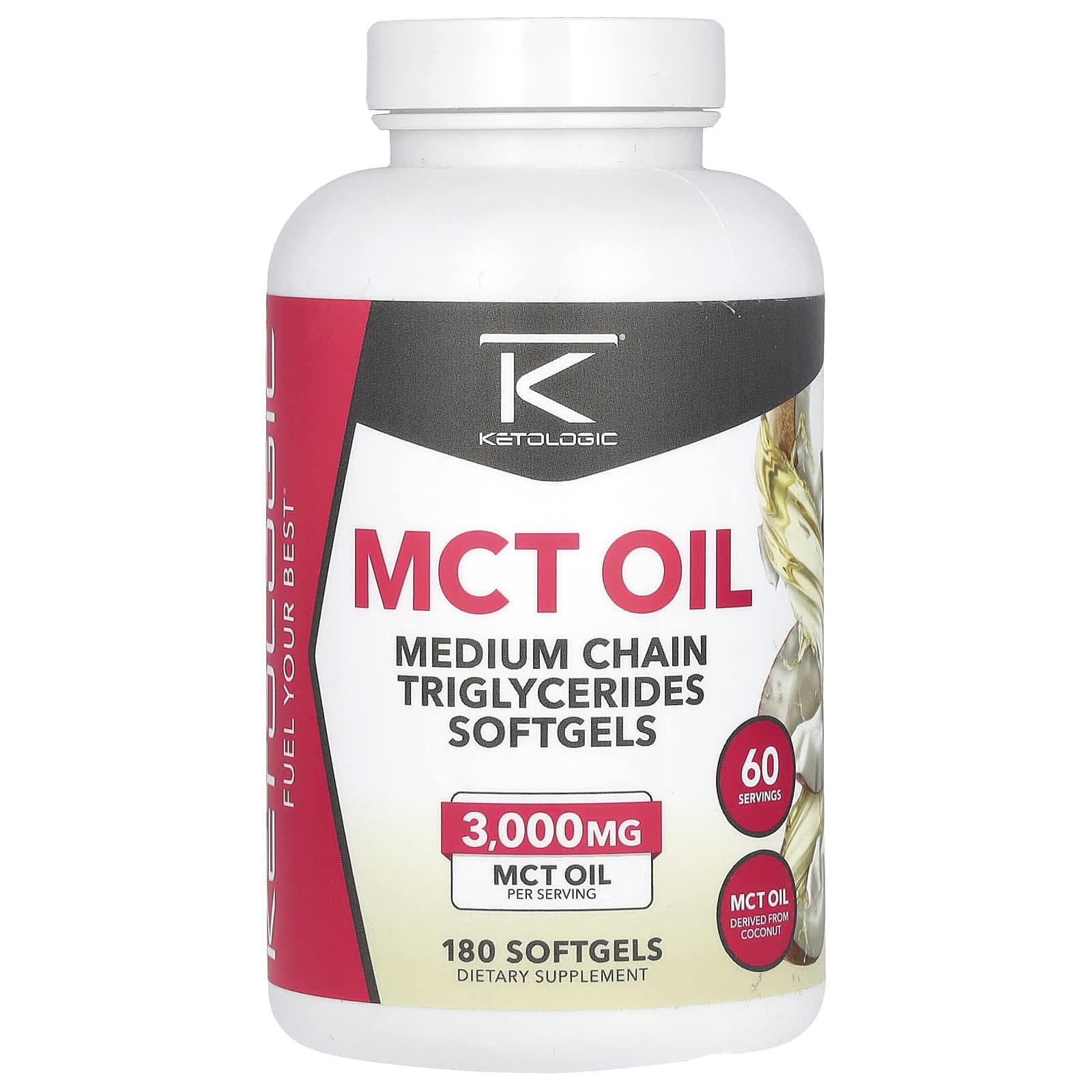 KetoLogic, MCT oil, 3,000mg, 180 softgels (1,000mg per softgel)