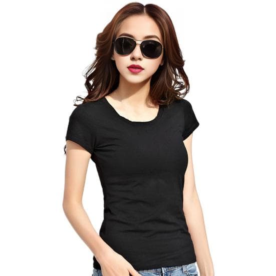 Women Summer T-shirt V-neck Short Sleeve Slim Fit T-shirt Solid Color Pullover Tops Stretchy M black
