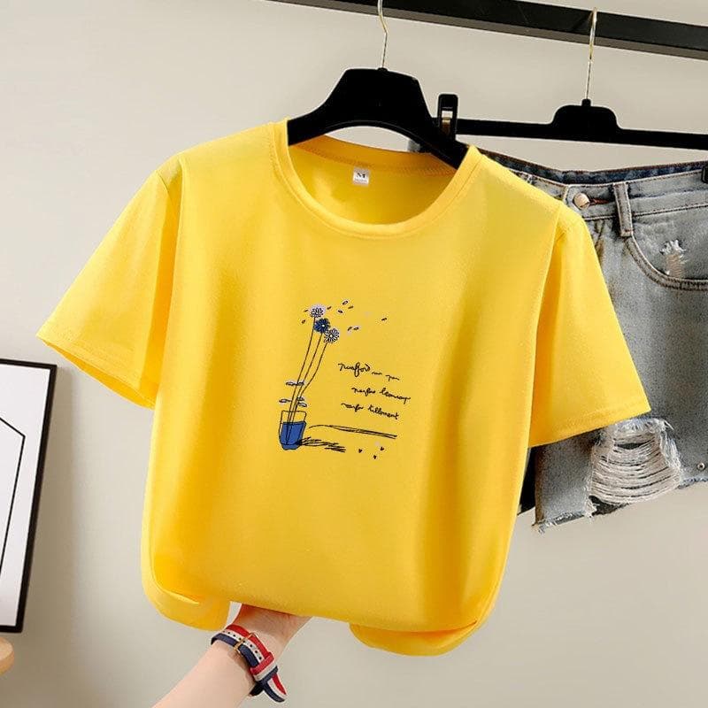Summer 2025 New Short-sleeved T-shirt Women's Round-neck Printed Top S yellow
