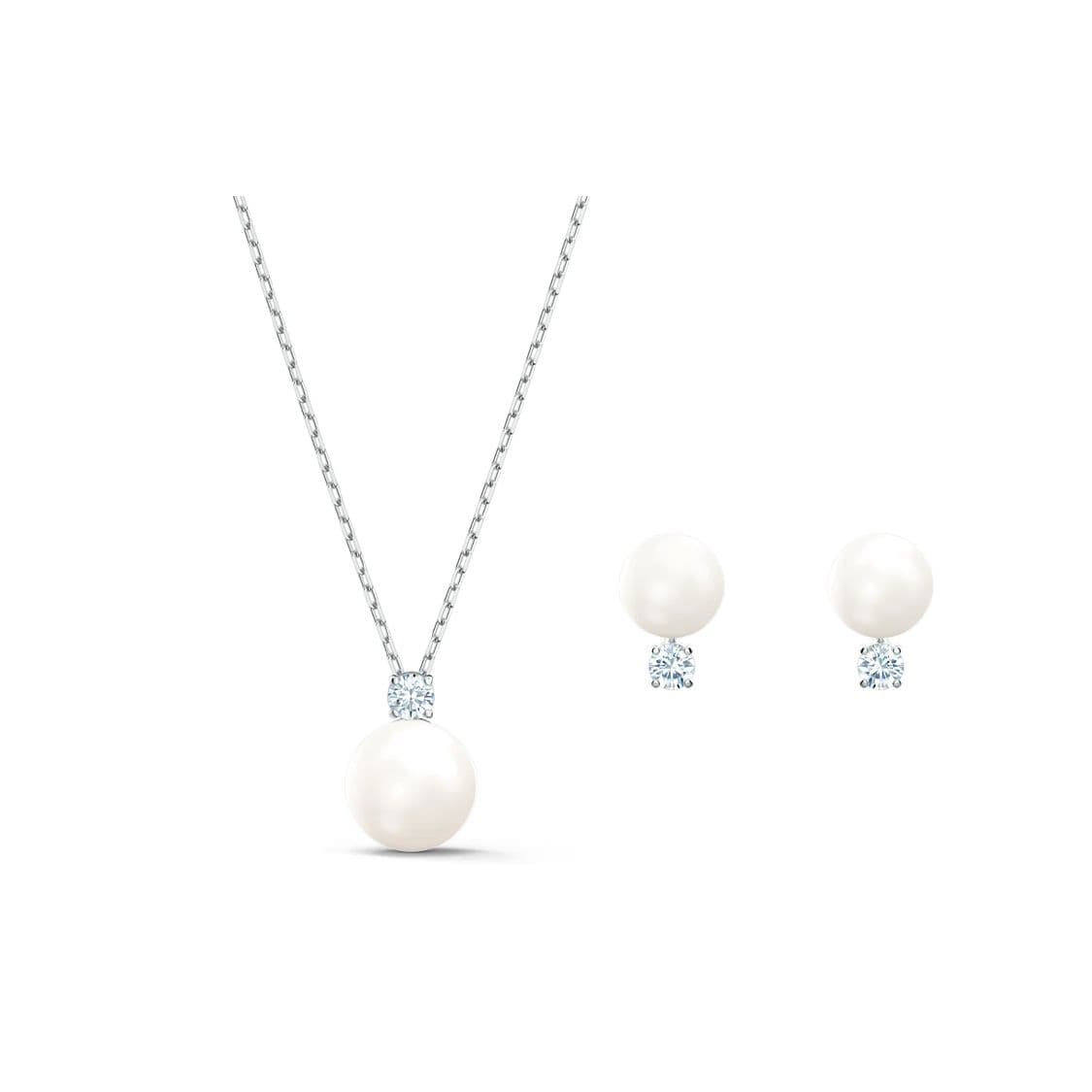 Swarovski Treasure Pearl Elegant Crystal Set Rhodium Plated Necklace Earrings Women jewelry White 5569758 Box (Random Color)