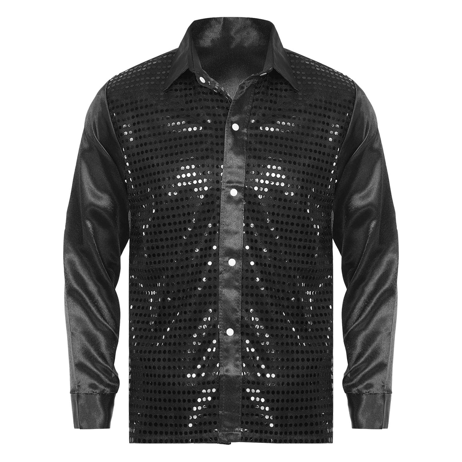 Mens Sequined Latin Dance Shirt Turn-Down Collar Long Sleeve Stage Costume Sparkly Jazz Performance Top M black