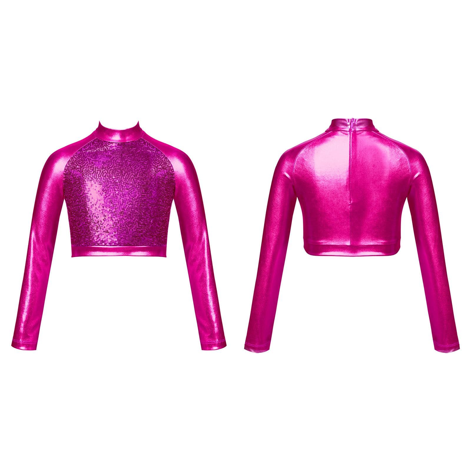 Kids Girls Shiny Metallic Long Sleeve Mock Neck Crop Tops for Dancing Stage Performance 13-14 Years hot pink