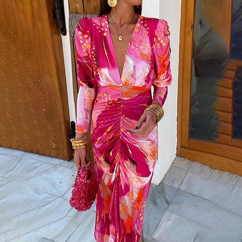 Women's Clothing New French Retro Printed V-neck Slim Lamb Leg Sleeve Dress for Summer Long Dress M