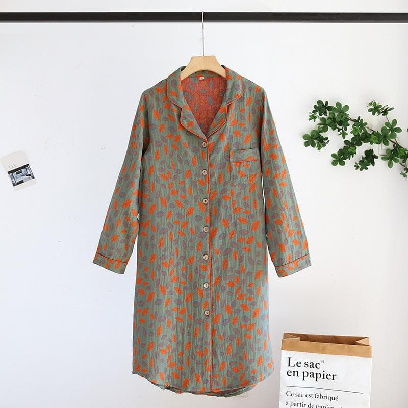 New Spring and Summer Women's Nightdress 100% Cotton Leaf Flower Long Sleeve Dress Large Home Dress Retro Long Sleeve Dress XL