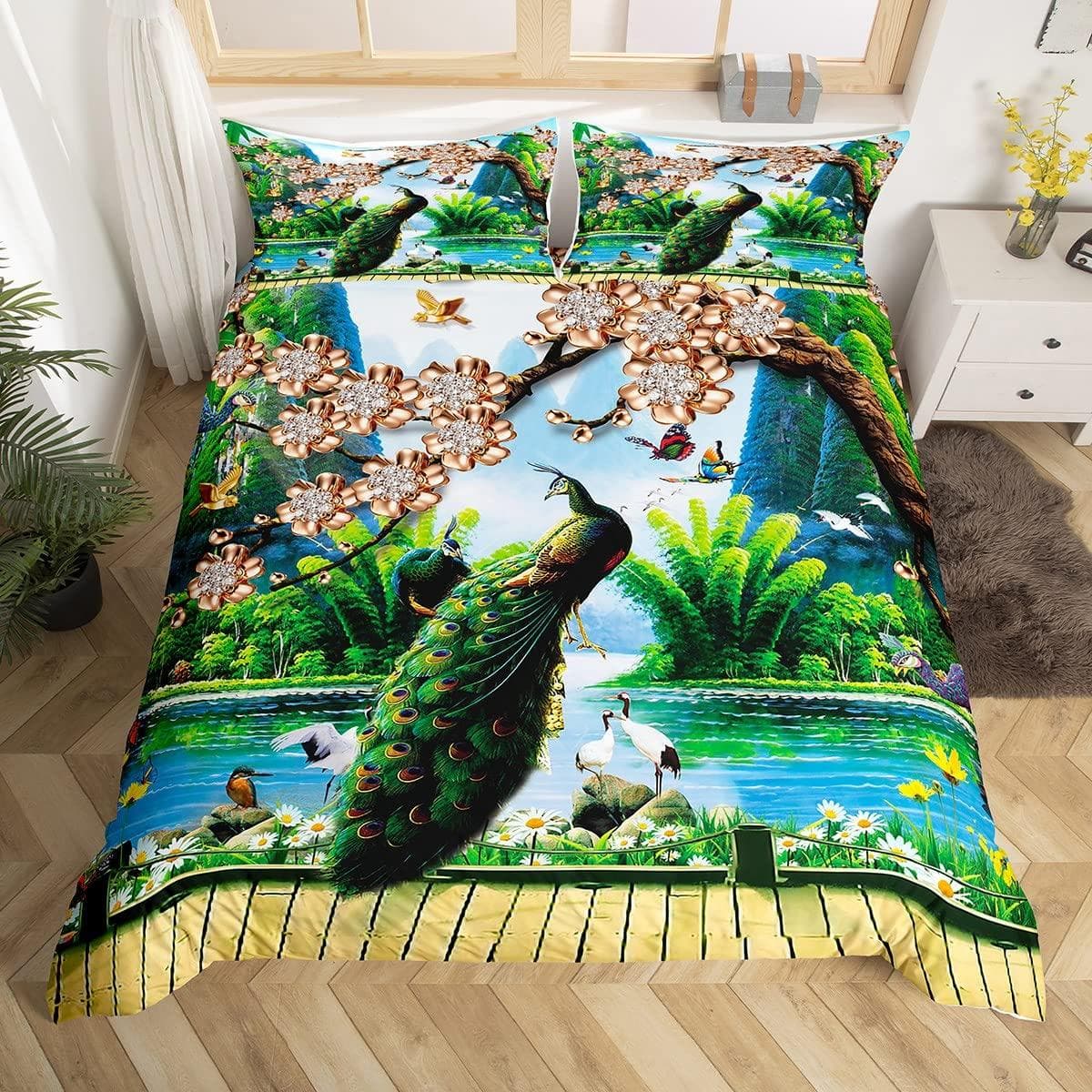 Floral Peacock Comforter Set Twin King Full Size, Bedding Set for Kids,Quilt Cover Peacock Duvet Set Girl Bedroom Decor 3 Pieces EU single(135x200cm)
