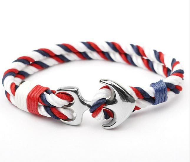 Stainless Steel & Titanium Anchor Bracelet with Nylon Rope - Handwoven European and American Jewelry 19 cm white/red