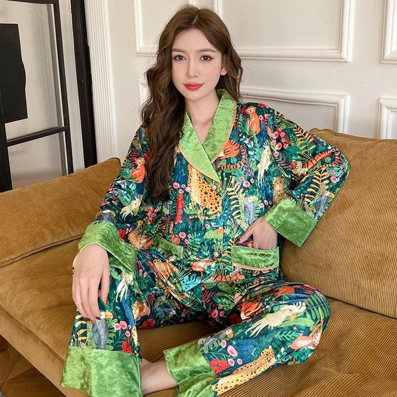 Jungle Tiger Animal Print Pajamas Women's Warm Pajamas Night Set Warm Pajamas Autumn New Velvet Pajamas Set XL green