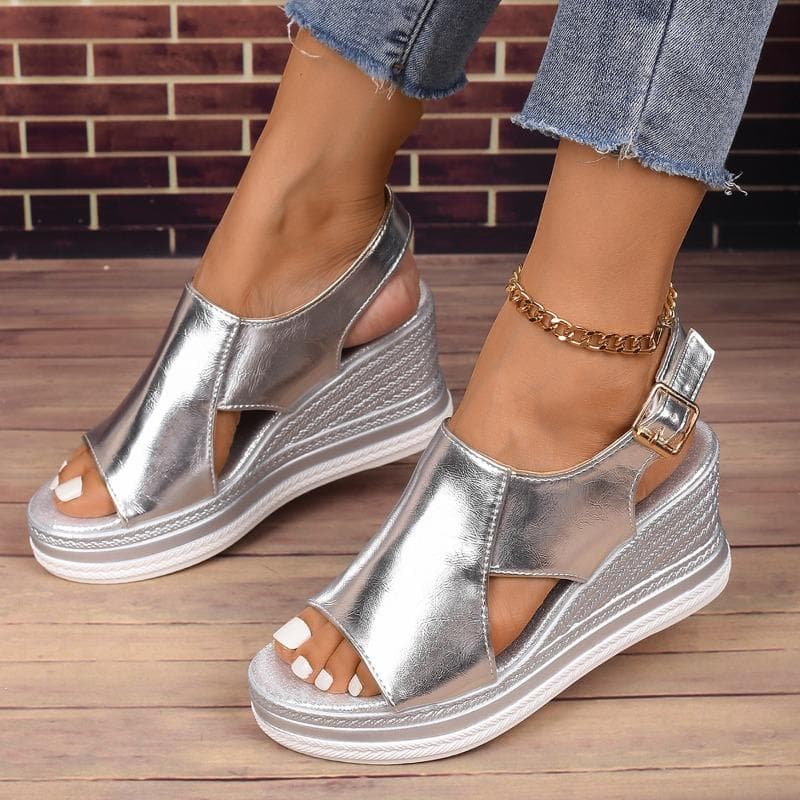 Women Summer Peep Toe Wedge Sandals Back Strap Buckle Platform Sandles Woman Fashion Thick Sole Sandalias Roman Shoes 42 silver