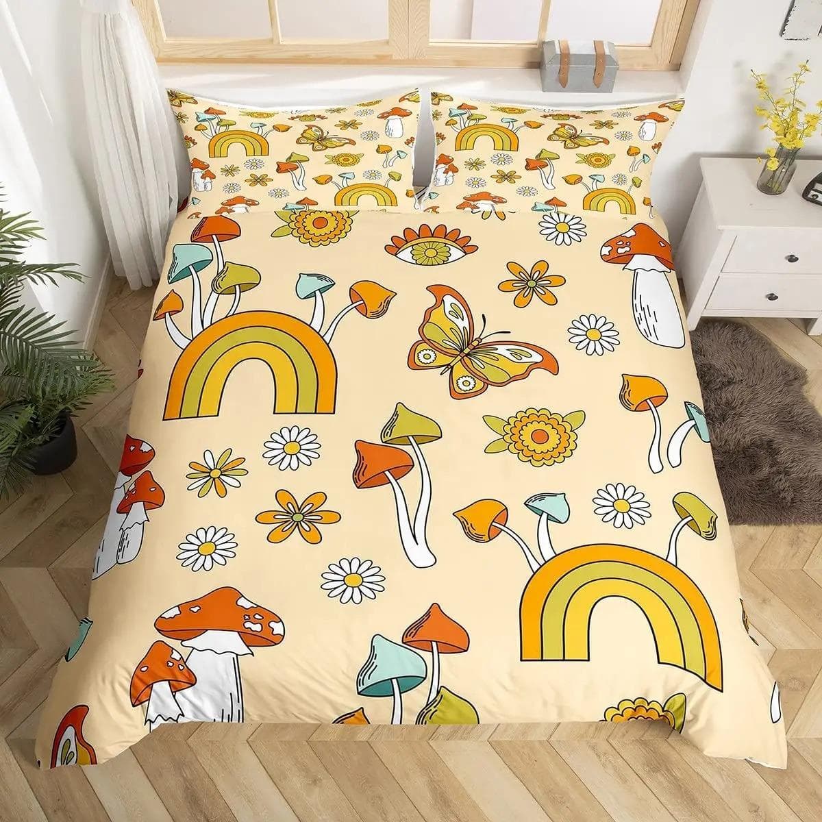 Rainbow Duvet Cover Kawaii Tropical Fruits Bedding Set Pineapple Kiwi Lemon Doughnut Orange Cherry Strawberry Comforter Cover 70x133cm 2pcs