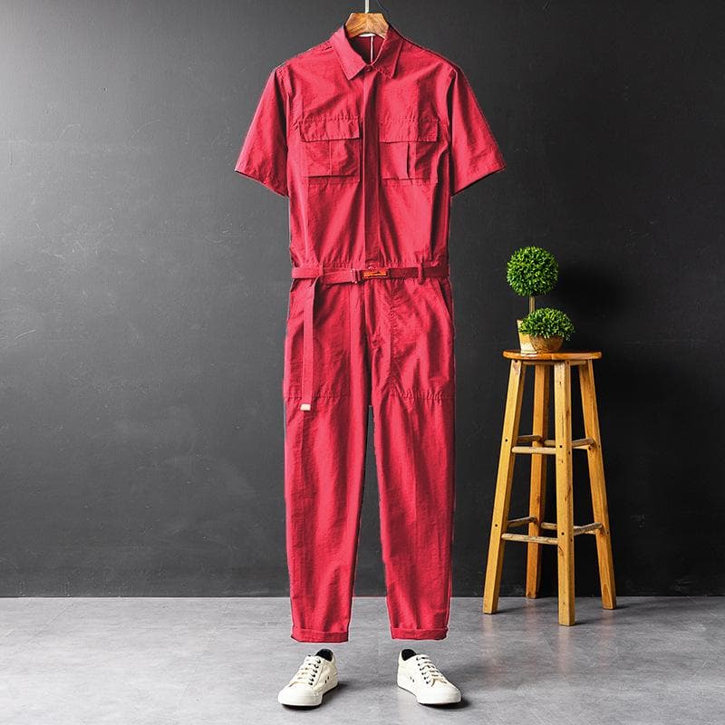 Large Size Men's and Women's Summer Fashion Casual Short Sleeve Jumpsuit M red