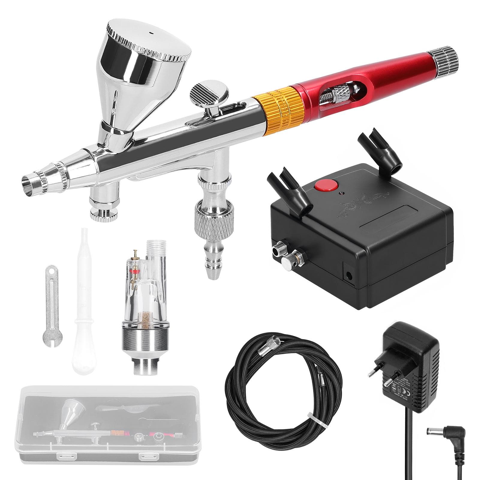 Multipurpose Professional 0.3mm Airbrush Air Compressor Kit 2035PSI Airbrush Pen Air Pump Set for red airbrush EU Plug red