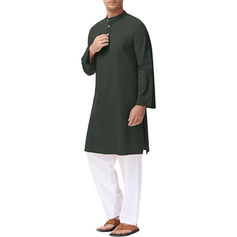 Men's National Costume Cotton Long-Sleeved Robe Henley Shirt with Side Slits and Buttons. L