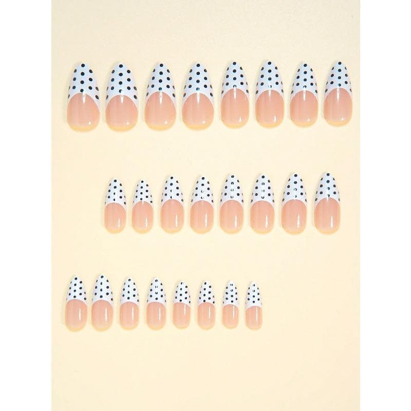 24pcs Medium Almond Shape False Nails Elegant Vintage White French-Style Press-On Nails Black White Contrasting Polka Dot Pattern Artificial Nails