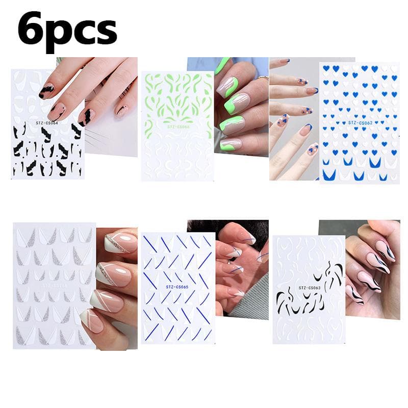 6pcs Nail Art Adhesive Backing Stickers, Glitter V-shaped French Skirt Fluttering Milk Nail Stickers, Versatile Nail Decorations Pack of 6