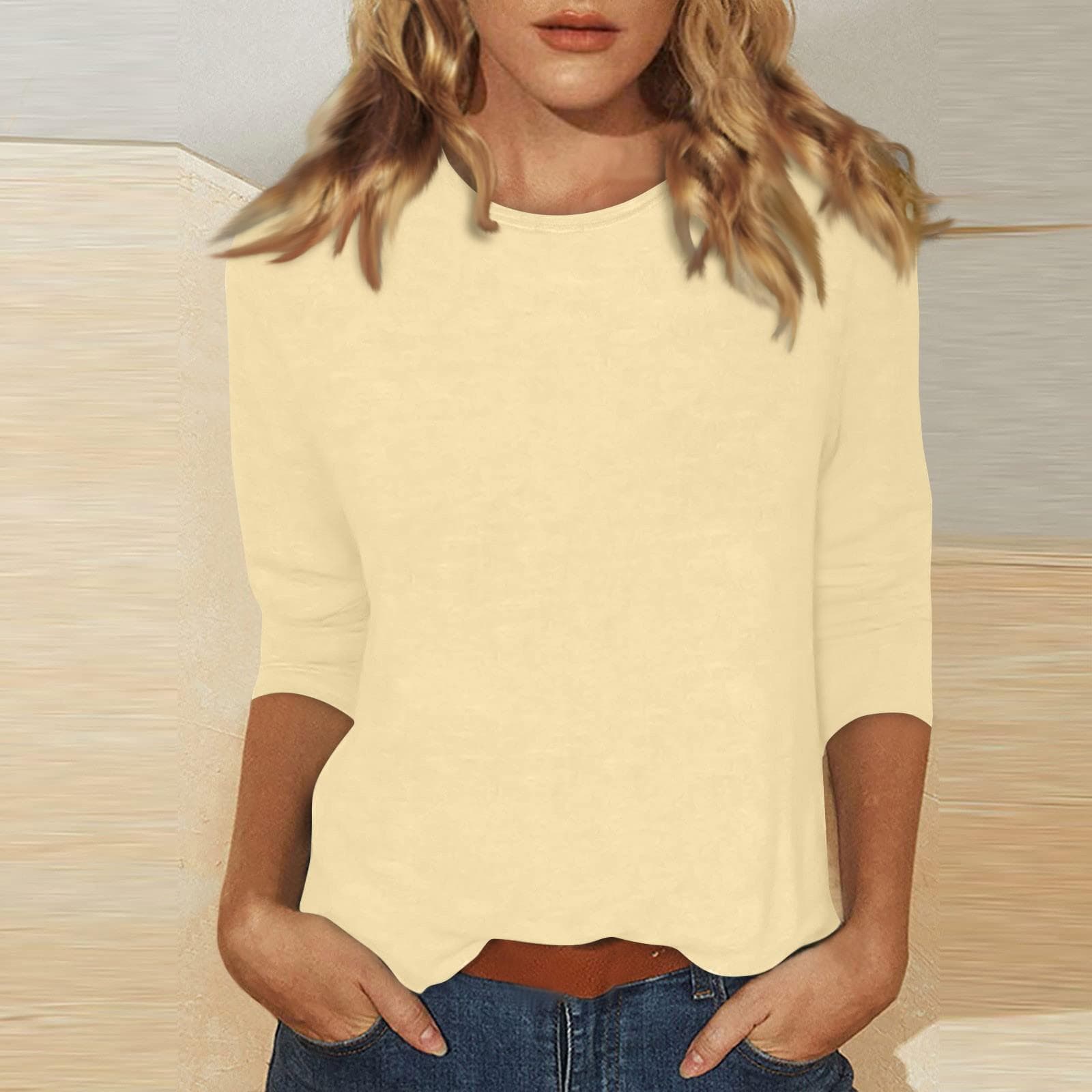 Women's Casual O-Neck Three Quarter Sleeve Solid Color Top XXL