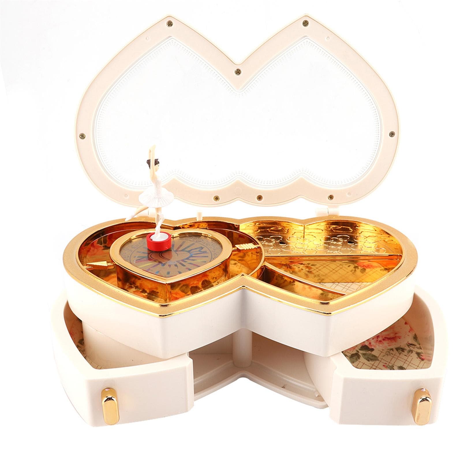 Double Heart Ballerina Musical Jewelry Box Storage Case for Little Girls(White) white