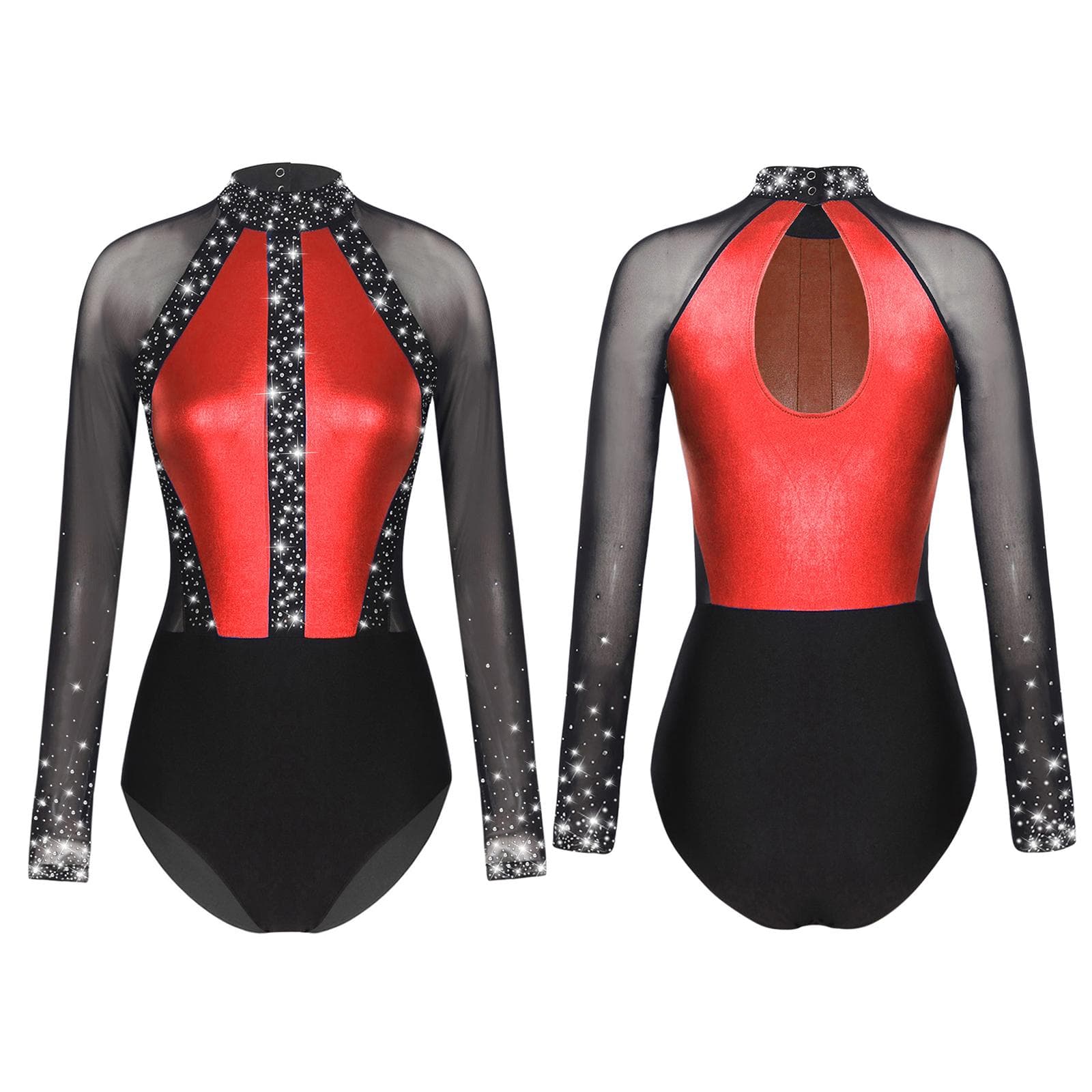 Women's Rhinestone Ballet Gymnastics Dance Leotard Bodysuit Long Sleeve Figure Skating Dance Costume S red