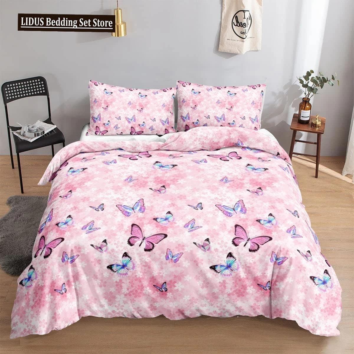 Butterfly Duvet Cover Set Full Size,Rainbow Butterfly Bedding Set For Girls,Rainbow Butterflies Comforter Cover Set,Pink Purple 70x133cm 2pcs