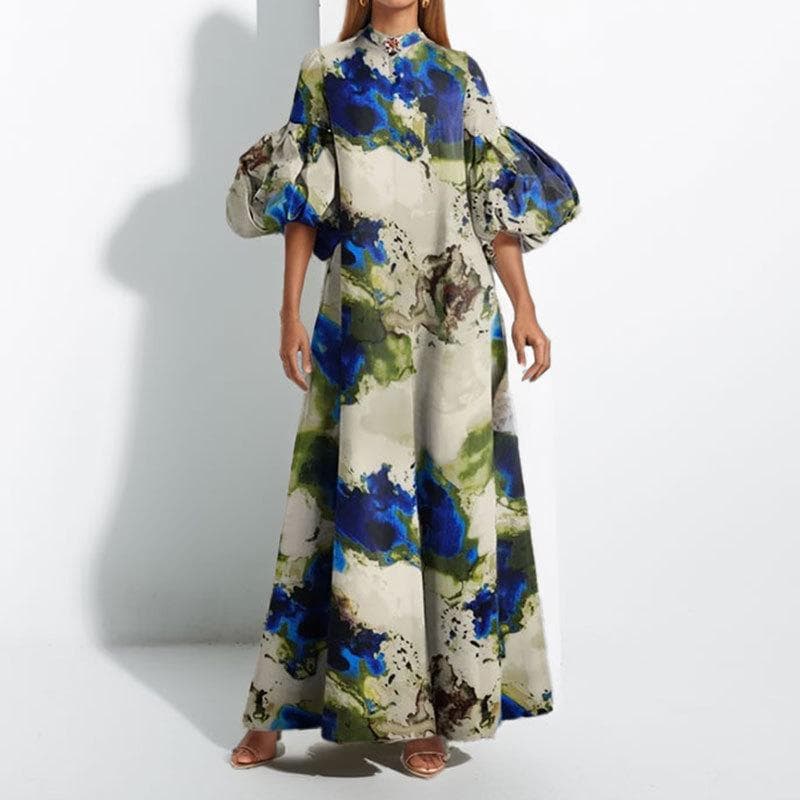Spring New Women's Fashionable Loose Printed Painted Long Skirt Big Puff Sleeve Dress 3XL