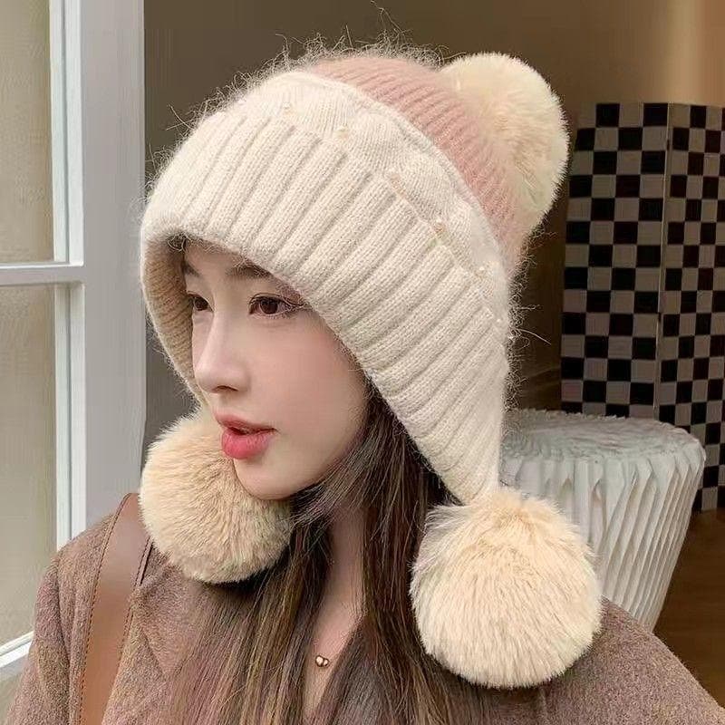 Cute Woolen Ball Hat for Women In Winter with Fleece Added for Warmth Ear Protection Cycling Cold and Wind Protection Student Pullover Woolen Hat