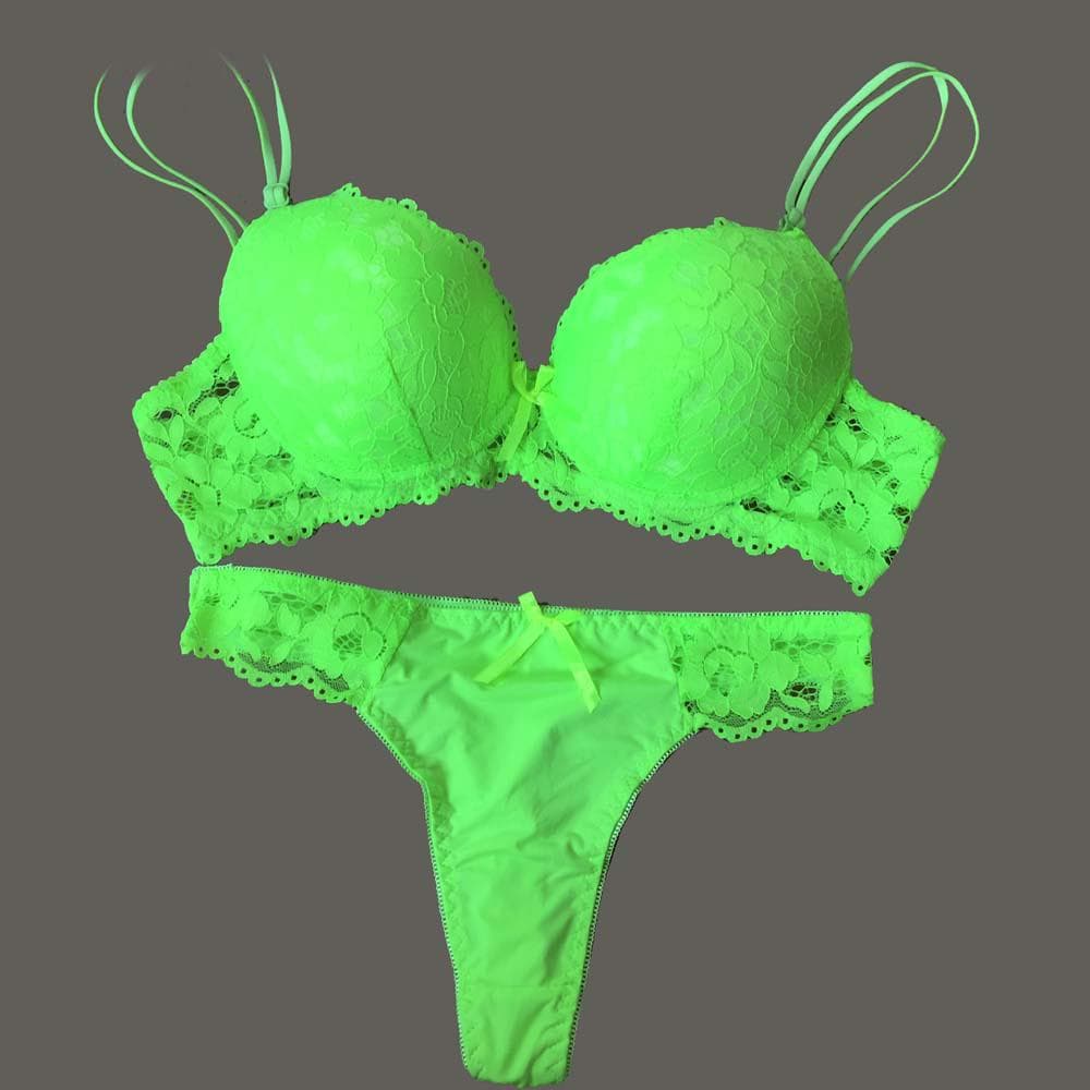 Lace Bra Thong Set Push up Underwear set Women Panties Hollow Lace Intimates Bras and Panty set 36B green