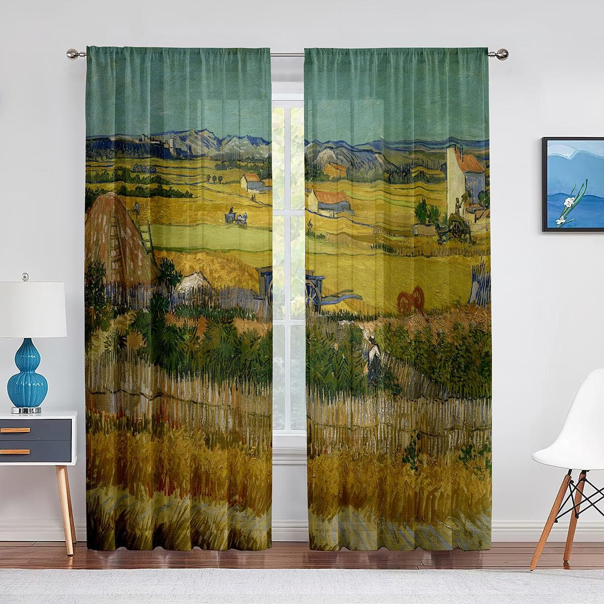 Wheat Field with Cypresses By Van Gogh Classic Art Tulle Sheer Curtains Transparent Window Curtain for Living Room Bedroom Decor 1 PCS W100XH250cm&Grommet Top