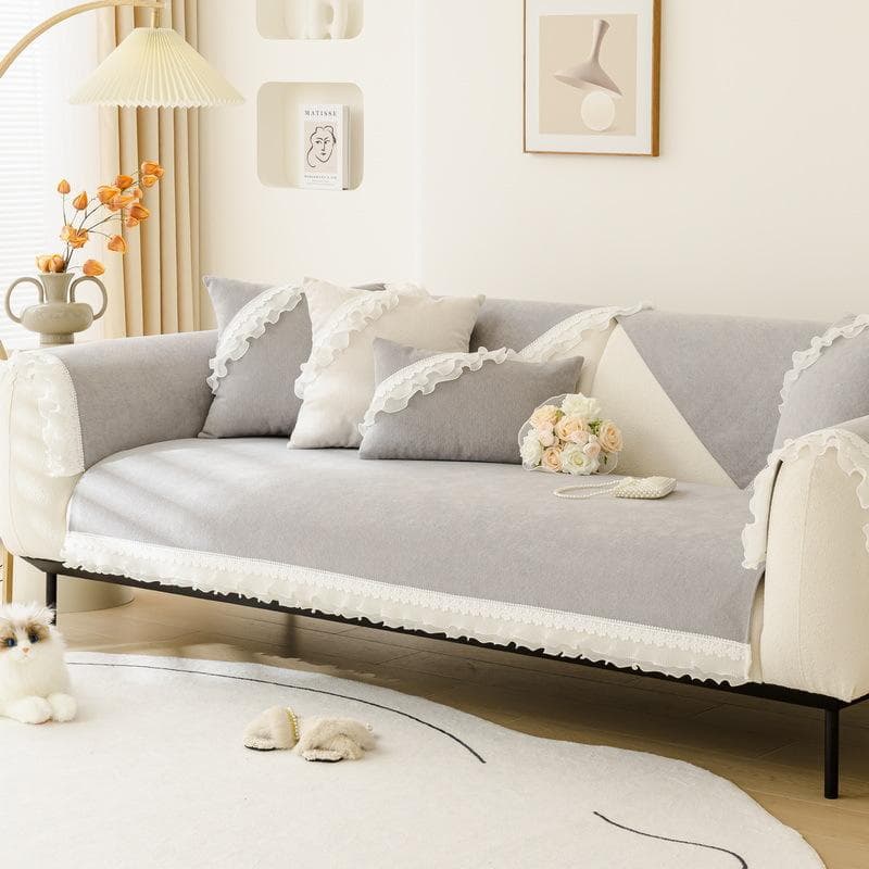 Nordic Solid Color Lace Skirt Sofa Cushion Four Seasons Universal Non-slip Leather Sofa Cover Chenille Back Cushion Cover Cloth 70x70cm 1pcs