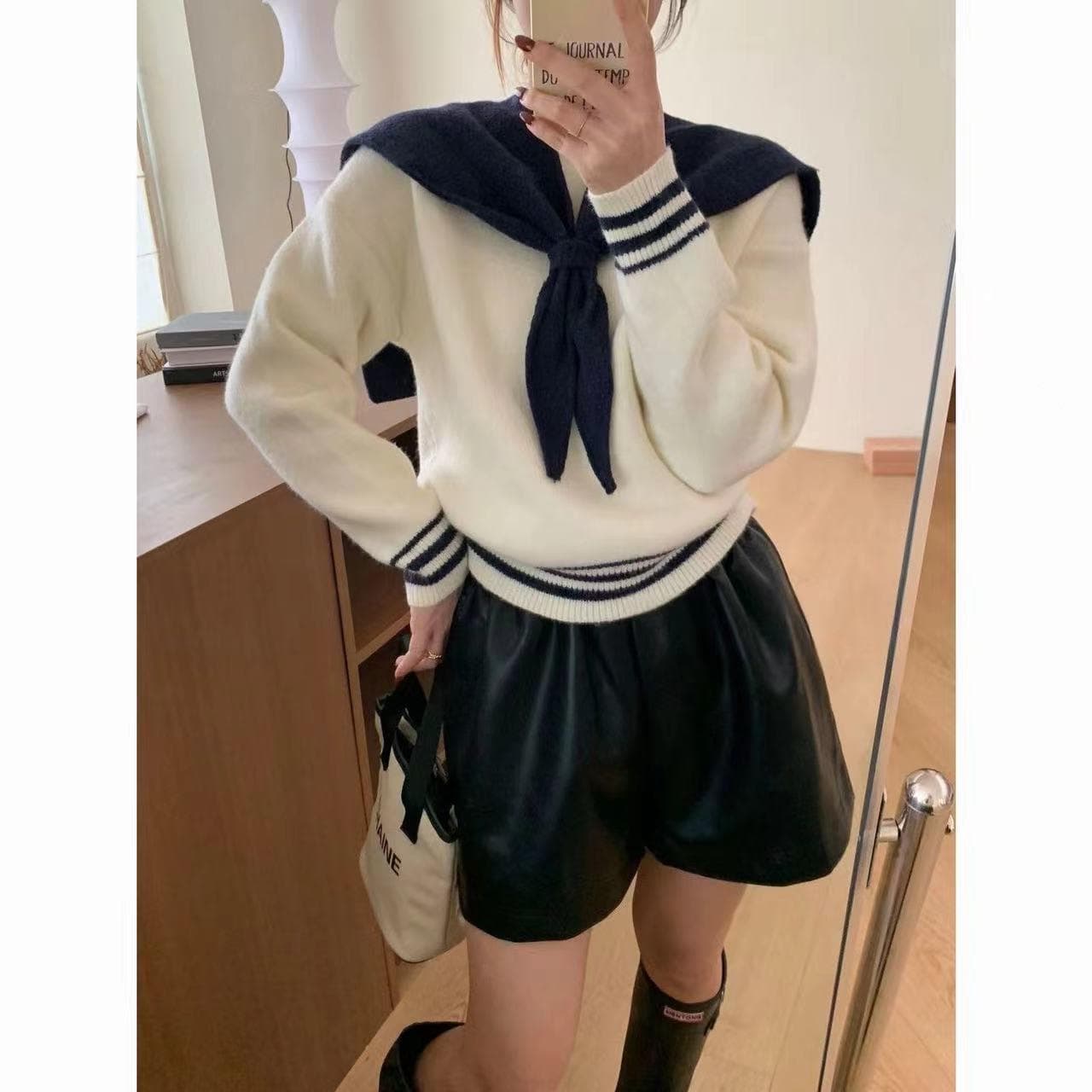 College Gentle Navy Sweater New Age-reducing Loose Autumn and Winter Long-sleeved Sweet Lazy Sweater Top Japanese Style One Size