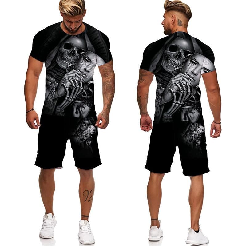 Novelty Gothic Skull 3D Print Tee/Suit Summer Men's Cool Punk Style T-Shirts+Shorts Set Personality Hip Hop Streetwear Tracksuit 3XL