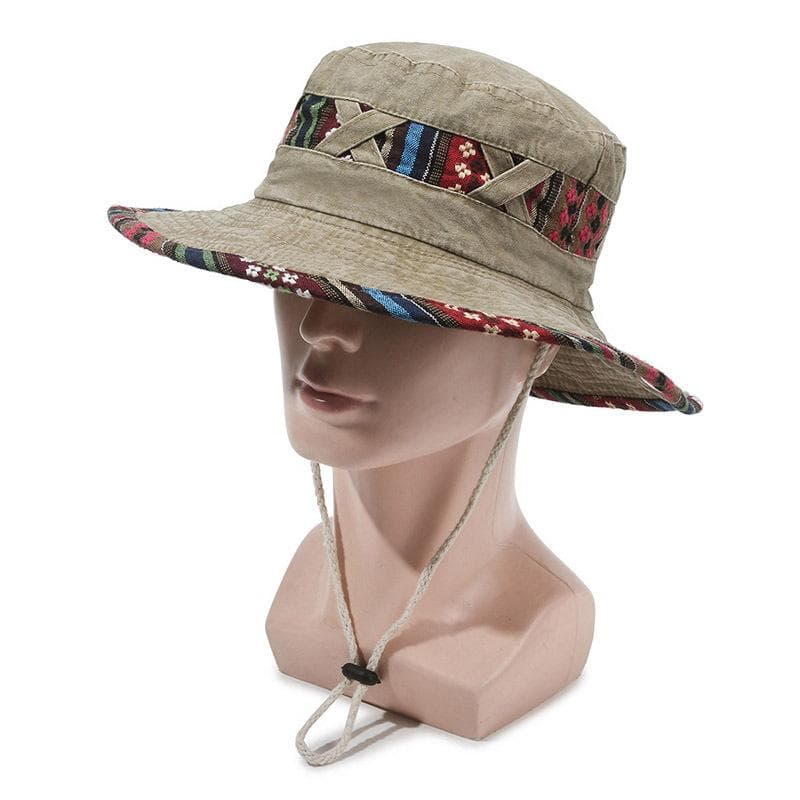 Personalized Ethnic Wind Bucket Hat Spring and Summer Outdoor Fashion Sun Hat Retro Wind Wash Old Street Wind Big Edge Hat khaki