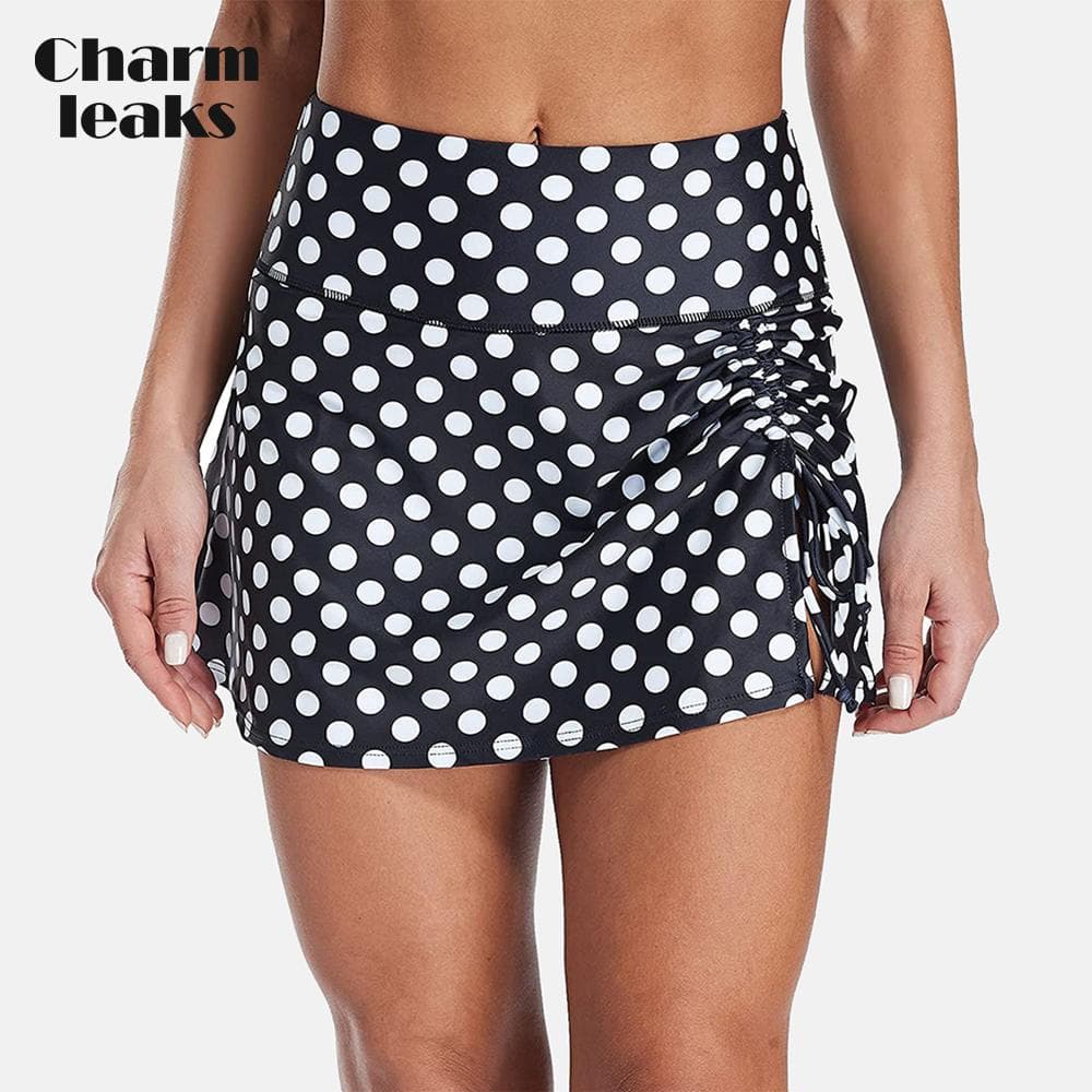 Womens High Waisted Split Swim Skirt Sporty Drawstring Skirted Swim Bottom with Built-in Swimming Panty Swimwear XXL white/black