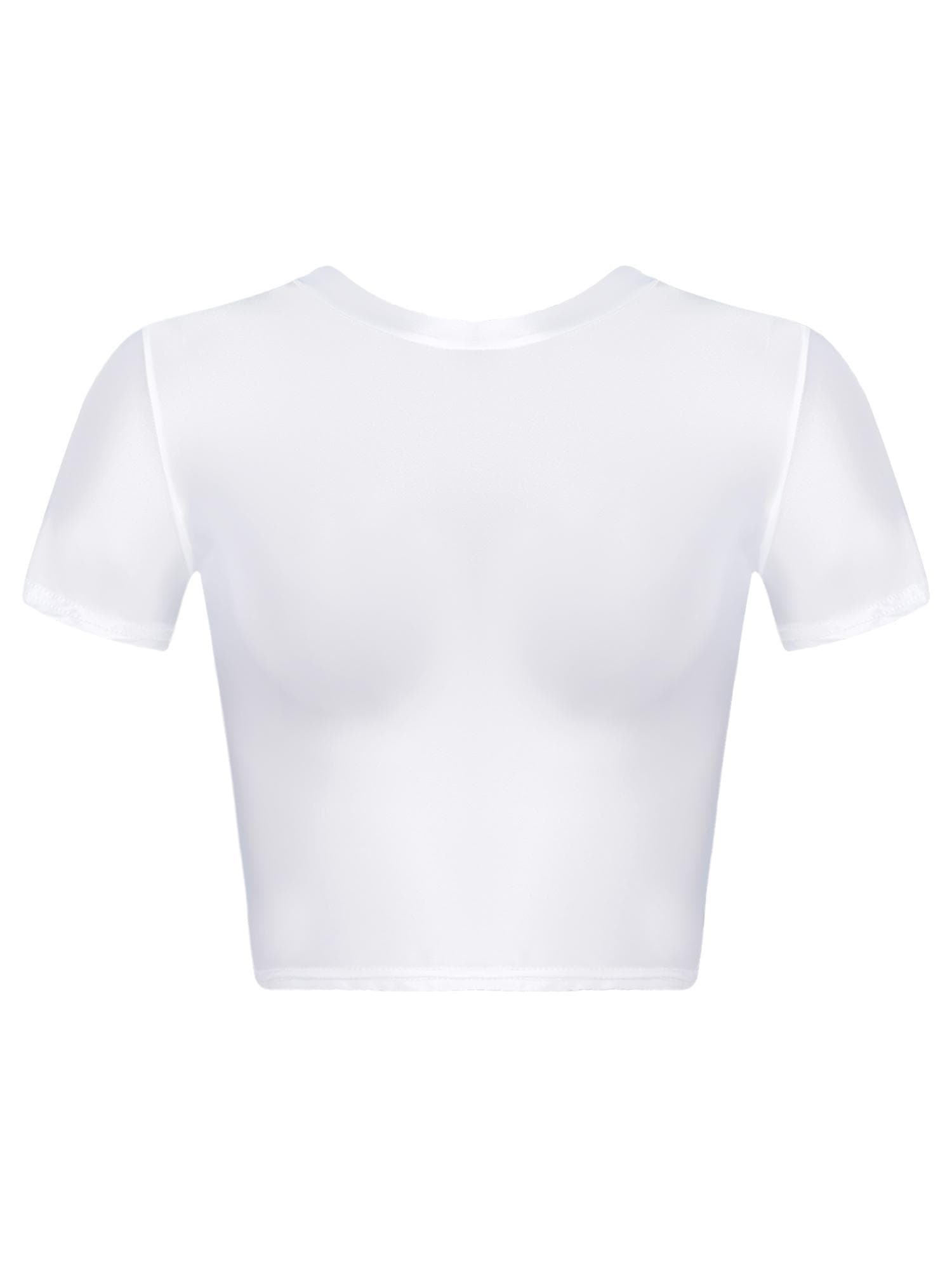 Womens Slim Fit Crop Top Short Sleeve Round Neck Stretchy Sportswear Top XL white
