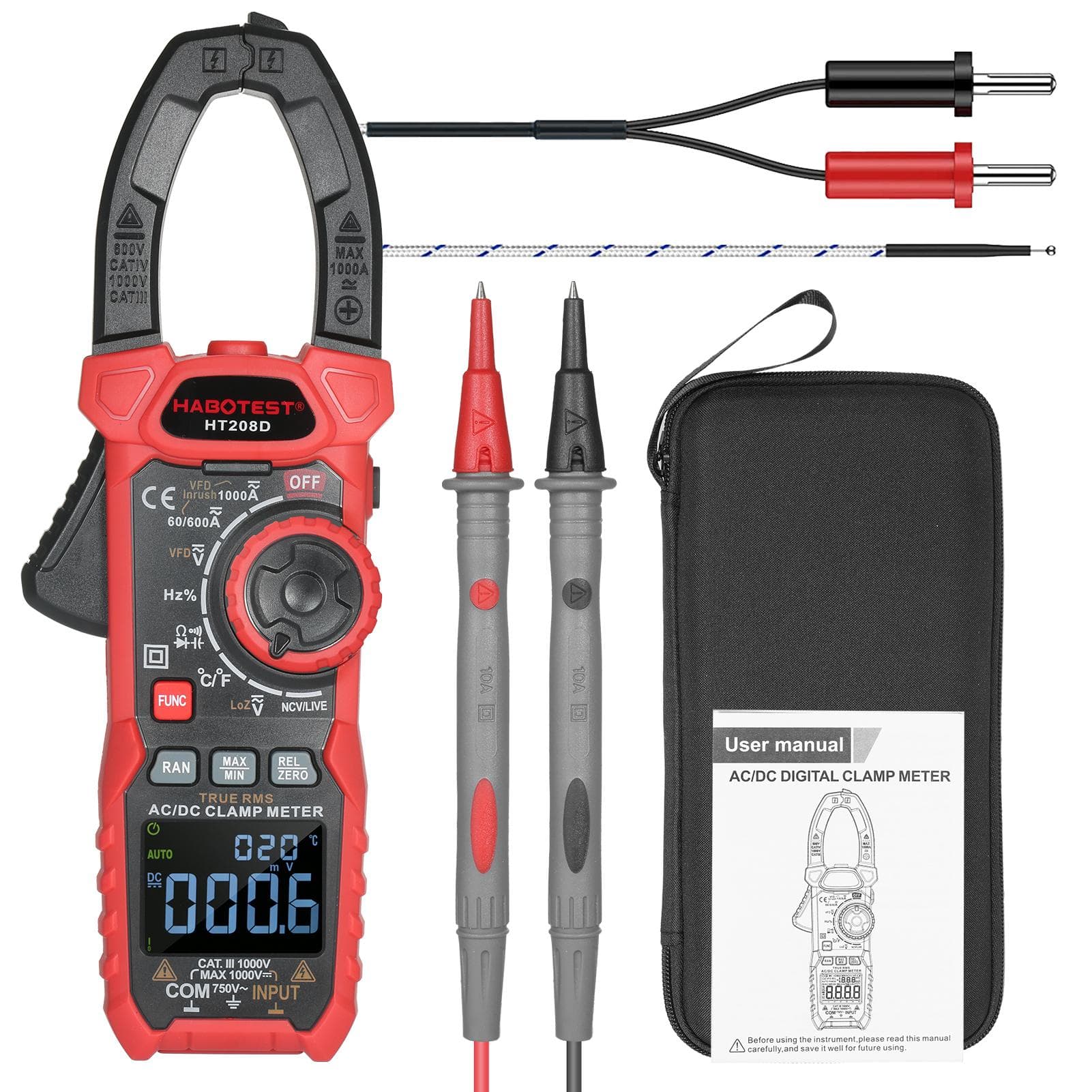 HABOTEST AC Digital Clamp Meter True-RMS Multimeter Anto-Ranging Multi Tester Current Clamp with HT208D red