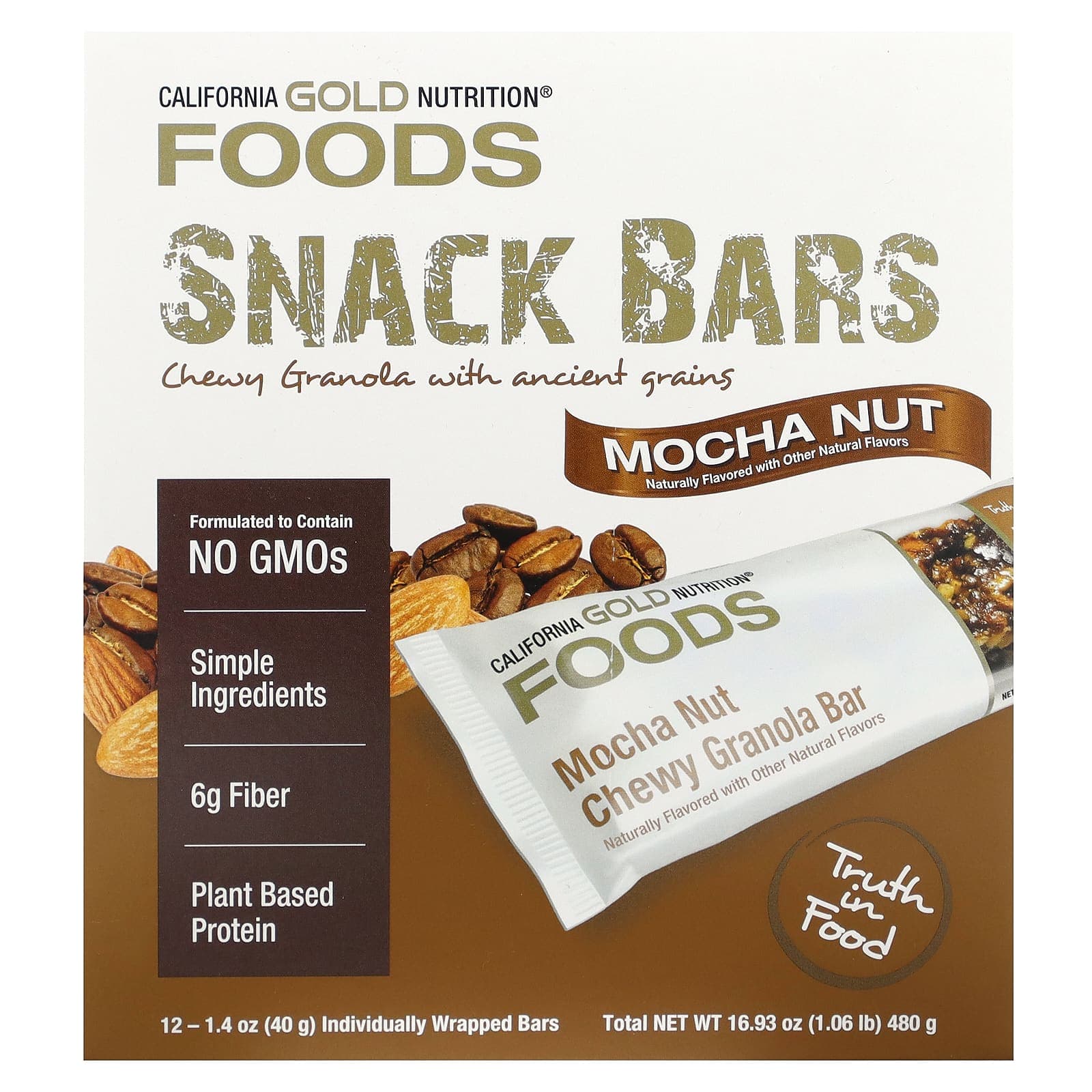 California Gold Nutrition, Food, Mocha Nut Chewy Granola Bars, 12 Bars, 1.4 oz (40 g) Each